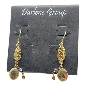 Darlene Group Locket Dangle Earrings Blue Amber Crystal Bead Gold Tone Vintage
